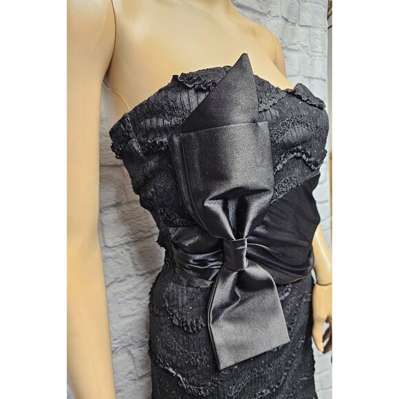 LOVELY DAY M BLACK SEQUIN RUFFLE SATIN BOW PADDED STRAPLESS BODYCON ZIP BACK SHO - Picture 2 of 14